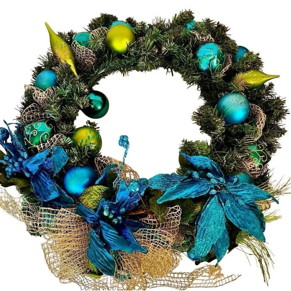 Teal, Lime, Green Bauble Wreath: Azure Poinsettias, Holiday Front Door Decor